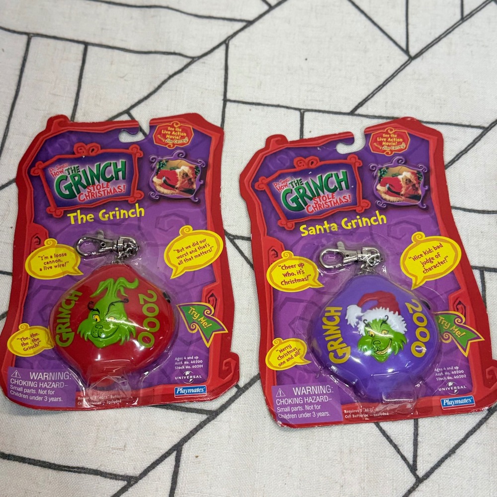 Playmates The Grinch Talking Keychain Lot OS Red Purple Vintage 2000 Movie 2pc
